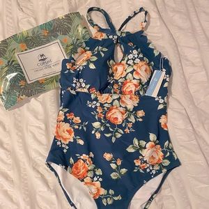 Teal floral scalloped one-piece swimsuit